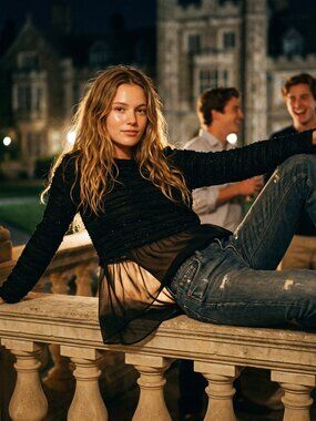 Piazza Italia Womens L Blouse Black Sparkle Knit Chiffon Layered Sophisticated